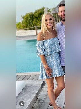 Skylar + Madison Light Blue Ruffle Off-Shoulder Dress with White Spot Print, SM